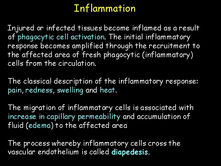 Inflammation Injured or infected tissues become inflamed as a result of phagocytic cell activation.
