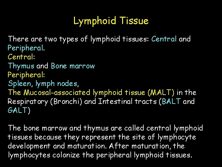 Lymphoid Tissue There are two types of lymphoid tissues: Central and Peripheral. Central: Thymus