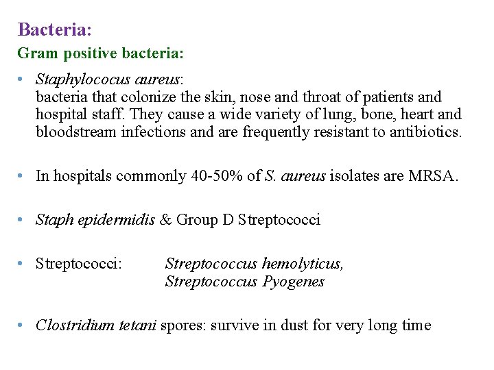 Bacteria: Gram positive bacteria: • Staphylococus aureus: bacteria that colonize the skin, nose and