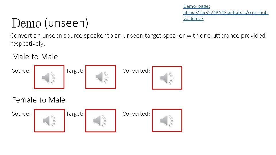 Demo page: https: //jjery 2243542. github. io/one-shotvc-demo/ Demo (unseen) Convert an unseen source speaker Demo page: https: //jjery 2243542. github. io/one-shotvc-demo/ Demo (unseen) Convert an unseen source speaker