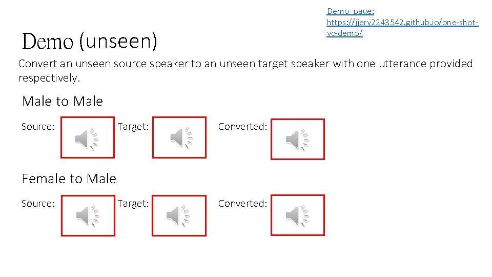 Demo page: https: //jjery 2243542. github. io/one-shotvc-demo/ Demo (unseen) Convert an unseen source speaker
