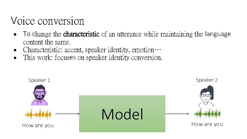 Voice conversion ● ● ● To change the characteristic of an utterance while maintaining
