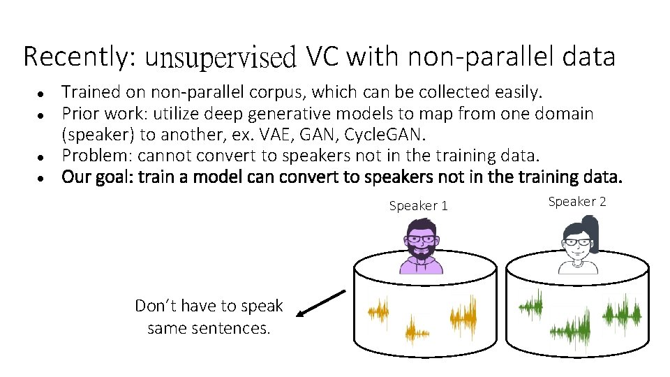 Recently: unsupervised VC with non-parallel data ● ● Trained on non-parallel corpus, which can Recently: unsupervised VC with non-parallel data ● ● Trained on non-parallel corpus, which can