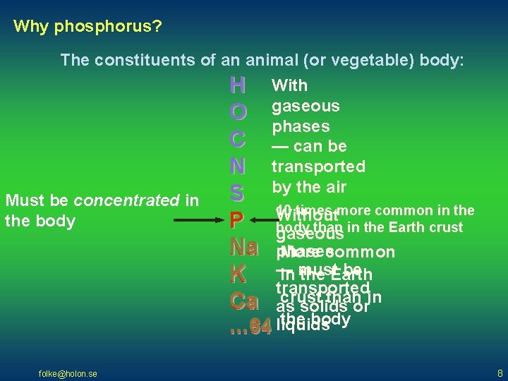 Why phosphorus? The constituents of an animal (or vegetable) body: H With O gaseous