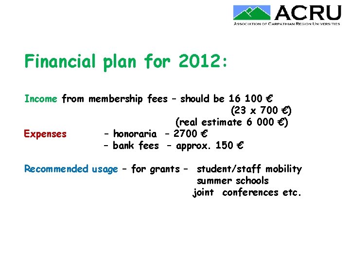 Financial plan for 2012: Income from membership fees – should be 16 100 €