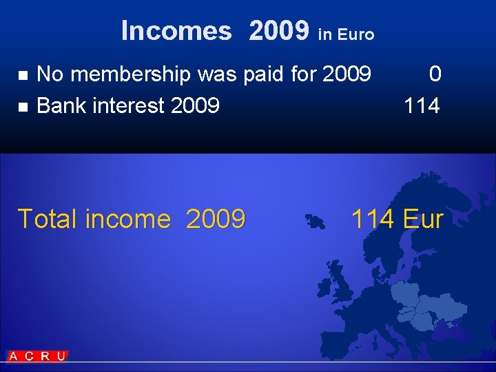 Incomes 2009 in Euro No membership was paid for 2009 n Bank interest 2009