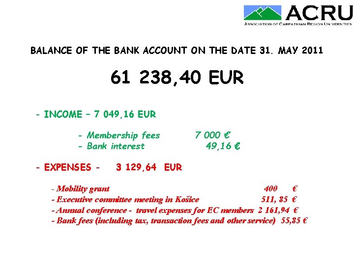 BALANCE OF THE BANK ACCOUNT ON THE DATE 31. MAY 2011 61 238, 40