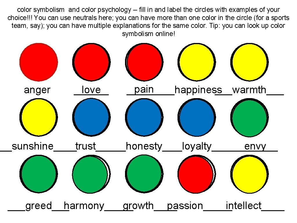 color symbolism and color psychology -- fill in and label the circles with examples