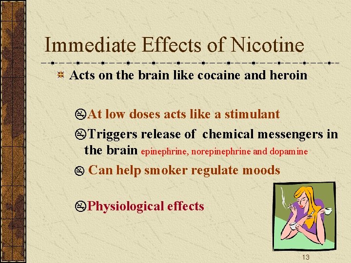 Immediate Effects of Nicotine Acts on the brain like cocaine and heroin z. At