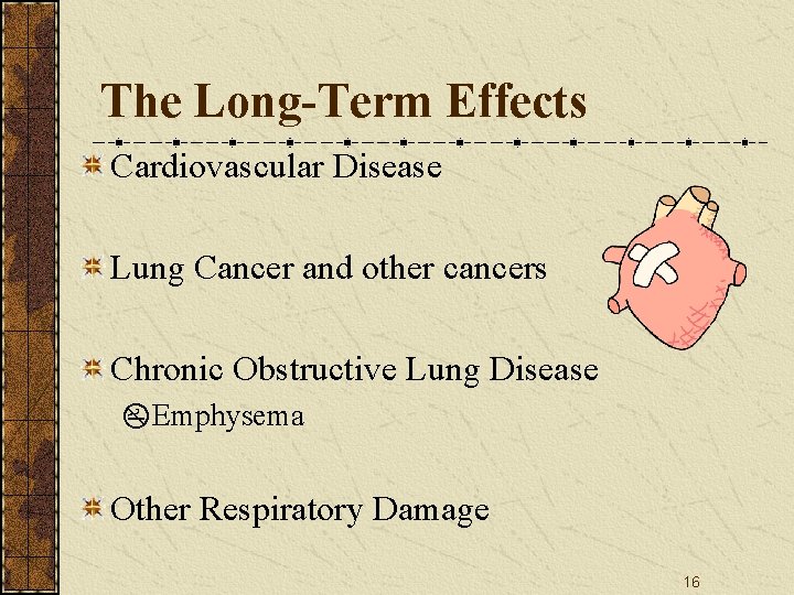The Long-Term Effects Cardiovascular Disease Lung Cancer and other cancers Chronic Obstructive Lung Disease