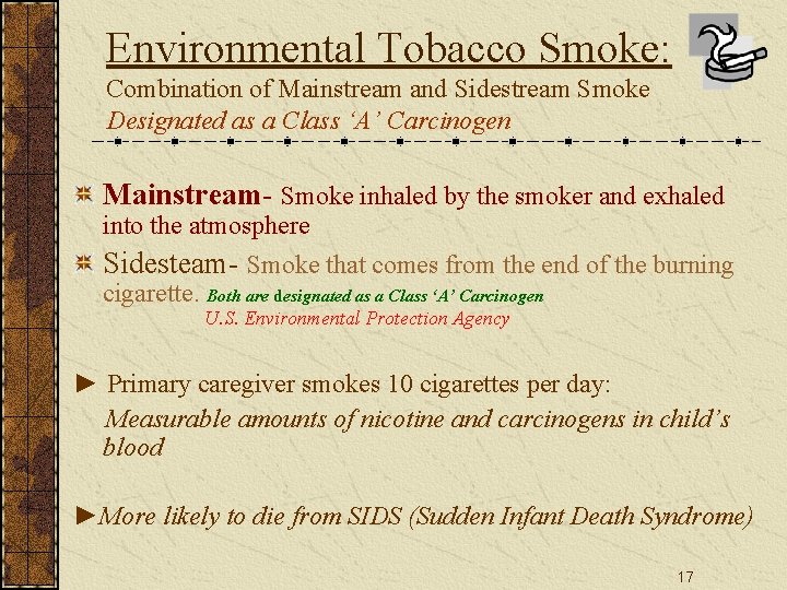 Environmental Tobacco Smoke: Combination of Mainstream and Sidestream Smoke Designated as a Class ‘A’