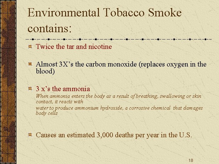 Environmental Tobacco Smoke contains: Twice the tar and nicotine Almost 3 X’s the carbon