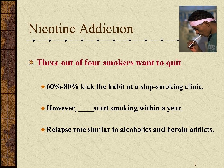Nicotine Addiction Three out of four smokers want to quit 60%-80% kick the habit