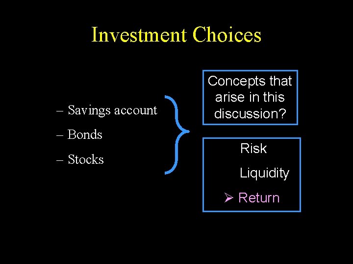 Investment Choices – Savings account – Bonds – Stocks Concepts that arise in this