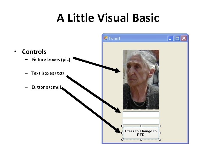 A Little Visual Basic • Controls – Picture boxes (pic) – Text boxes (txt)