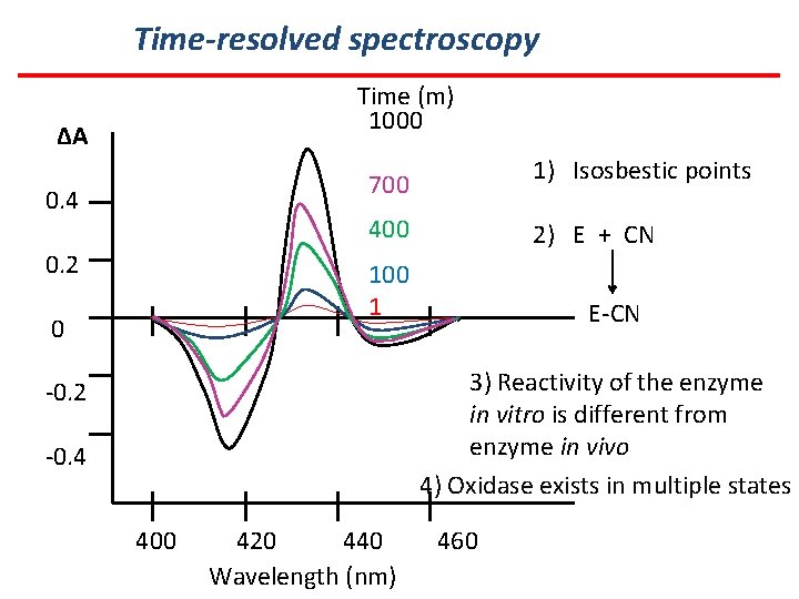 Time-resolved spectroscopy Time (m) 1000 ΔA 1) Isosbestic points 700 0. 4 400 0.