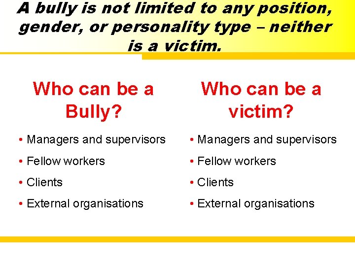 A bully is not limited to any position, gender, or personality type – neither