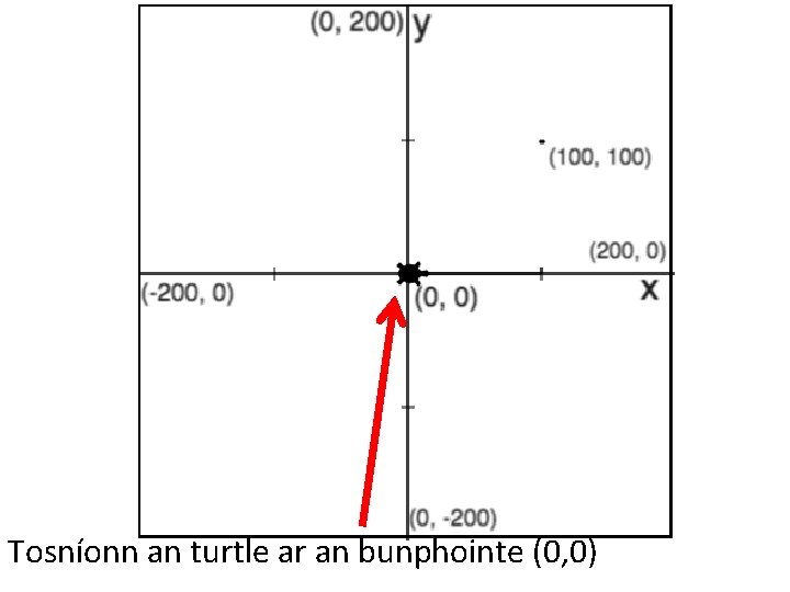 Tosníonn an turtle ar an bunphointe (0, 0) 