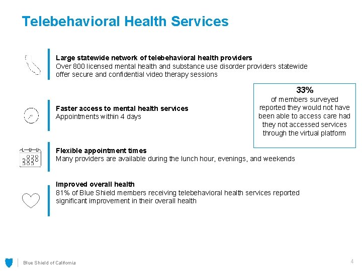 Telebehavioral Health Services Large statewide network of telebehavioral health providers Over 800 licensed mental