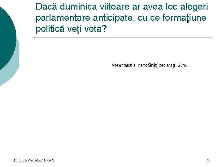 Dacă duminica viitoare ar avea loc alegeri parlamentare anticipate, cu ce formaţiune politică veţi