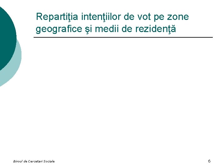 Repartiţia intenţiilor de vot pe zone geografice şi medii de rezidenţă Biroul de Cercetari