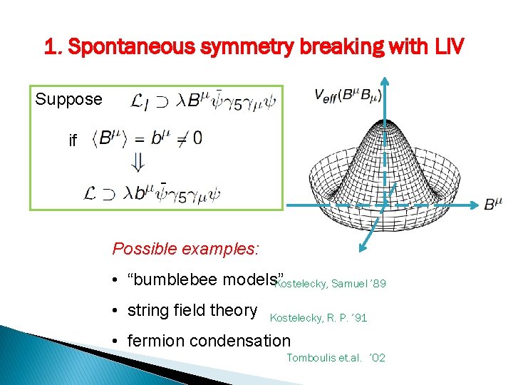 1. Spontaneous symmetry breaking with LIV Suppose if Possible examples: • “bumblebee models” Kostelecky,