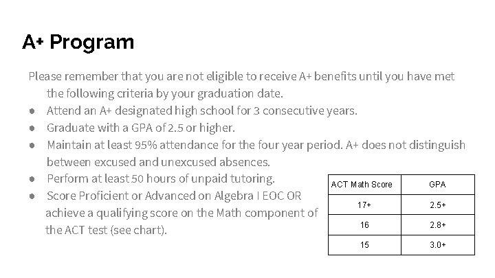 A+ Program Please remember that you are not eligible to receive A+ benefits until