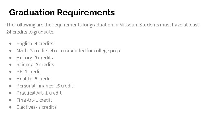 Graduation Requirements The following are the requirements for graduation in Missouri. Students must have