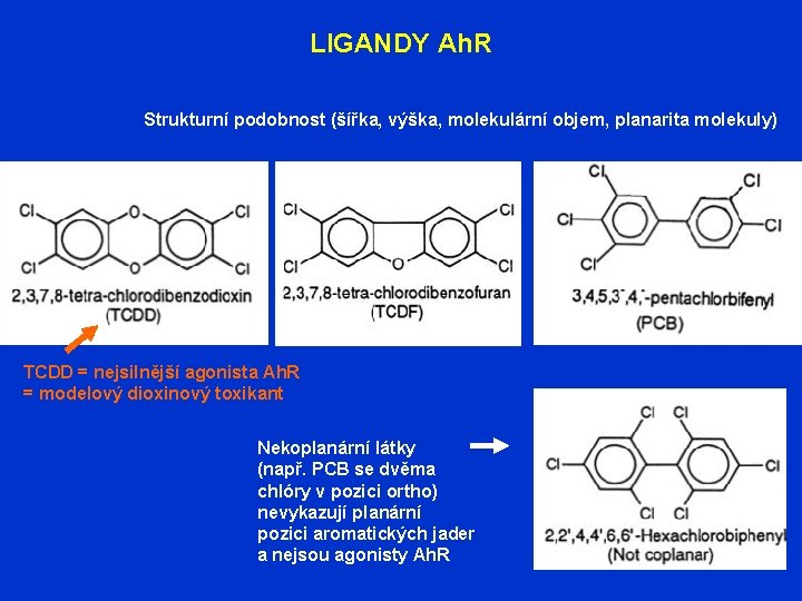LIGANDY Ah. R Strukturní podobnost (šířka, výška, molekulární objem, planarita molekuly) TCDD = nejsilnější