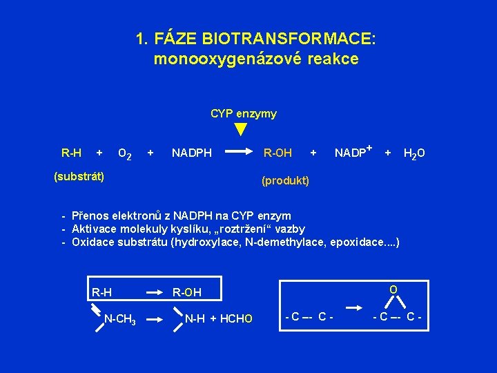 1. FÁZE BIOTRANSFORMACE: monooxygenázové reakce CYP enzymy R-H + O 2 + NADPH (substrát)