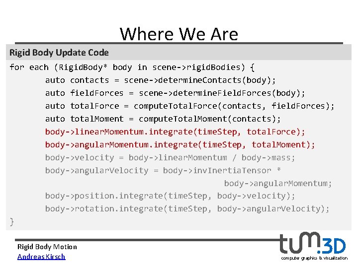 Where We Are Rigid Body Update Code for each (Rigid. Body* body in scene->rigid.