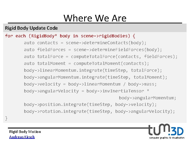 Where We Are Rigid Body Update Code for each (Rigid. Body* body in scene->rigid.
