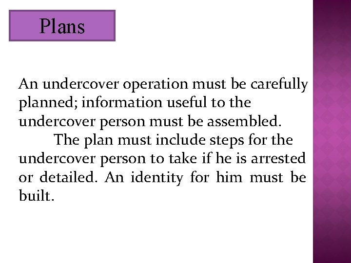 Plans An undercover operation must be carefully planned; information useful to the undercover person