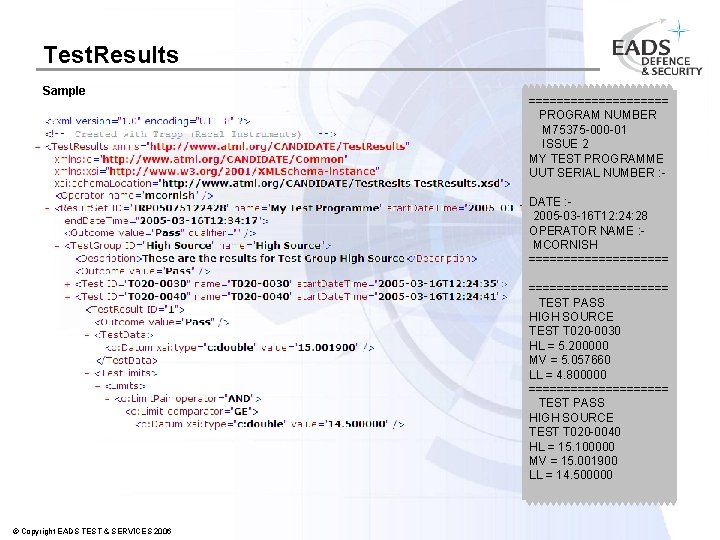 Test. Results Sample ========== PROGRAM NUMBER M 75375 -000 -01 ISSUE 2 MY TEST