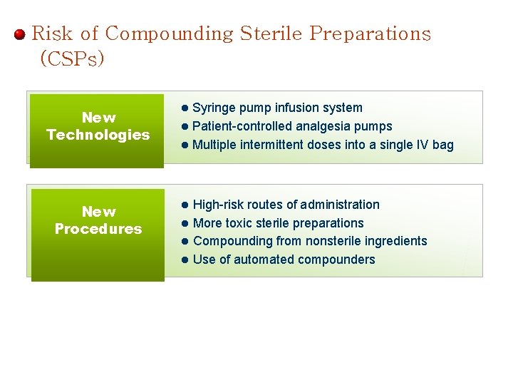 Risk of Compounding Sterile Preparations (CSPs) Syringe pump infusion system l Patient-controlled analgesia pumps