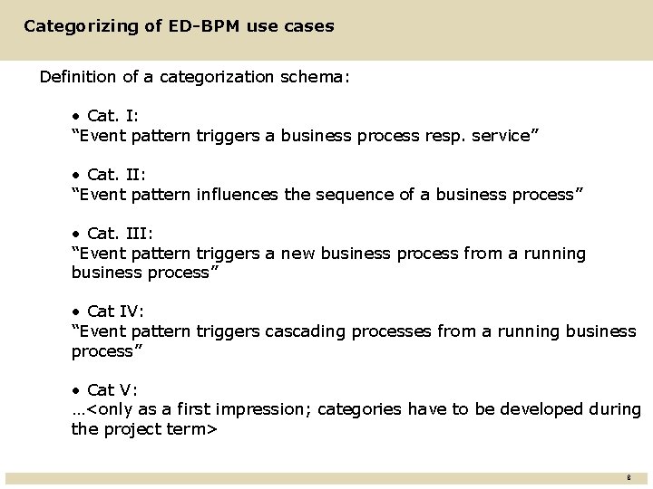 Categorizing of ED-BPM use cases Definition of a categorization schema: • Cat. I: “Event