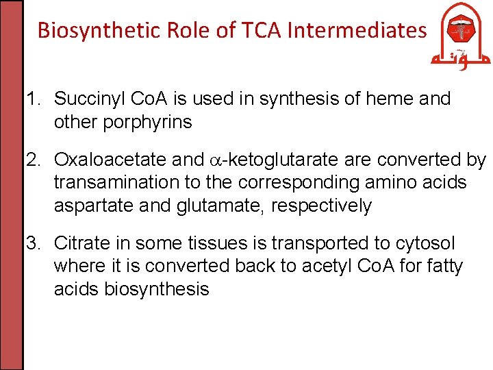 Biosynthetic Role of TCA Intermediates 1. Succinyl Co. A is used in synthesis of