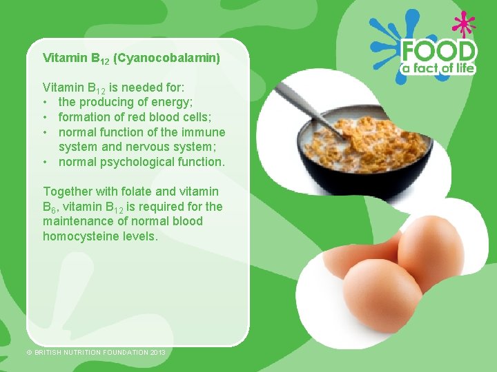 Vitamin B 12 (Cyanocobalamin) Vitamin B 12 is needed for: • the producing of