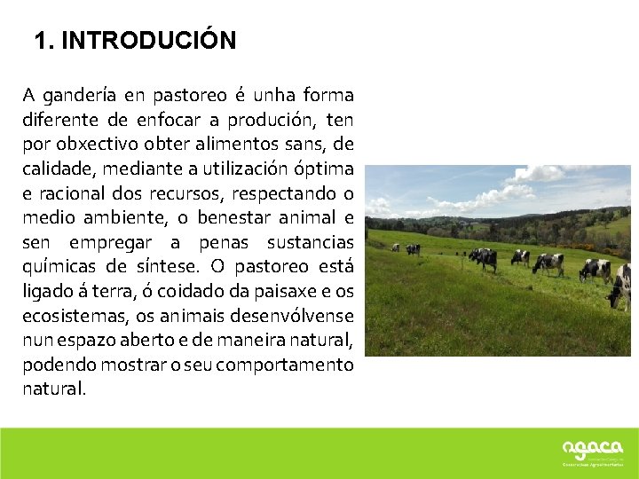 1. INTRODUCIÓN A gandería en pastoreo é unha forma diferente de enfocar a produción,