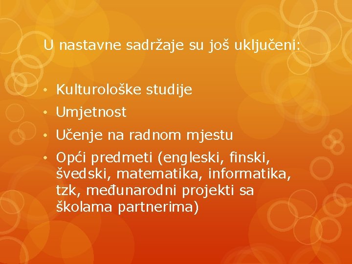 U nastavne sadržaje su još uključeni: • Kulturološke studije • Umjetnost • Učenje na
