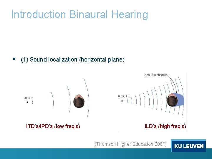 Introduction Binaural Hearing § (1) Sound localization (horizontal plane) ITD’s/IPD’s (low freq’s) ILD’s (high