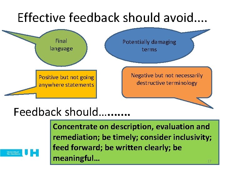 Effective feedback should avoid. . Final language Potentially damaging terms Positive but not going