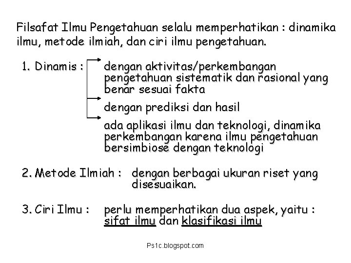 Filsafat Ilmu Pengetahuan selalu memperhatikan : dinamika ilmu, metode ilmiah, dan ciri ilmu pengetahuan.