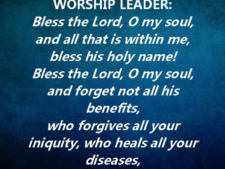 WORSHIP LEADER: Bless the Lord, O my soul, and all that is within me,