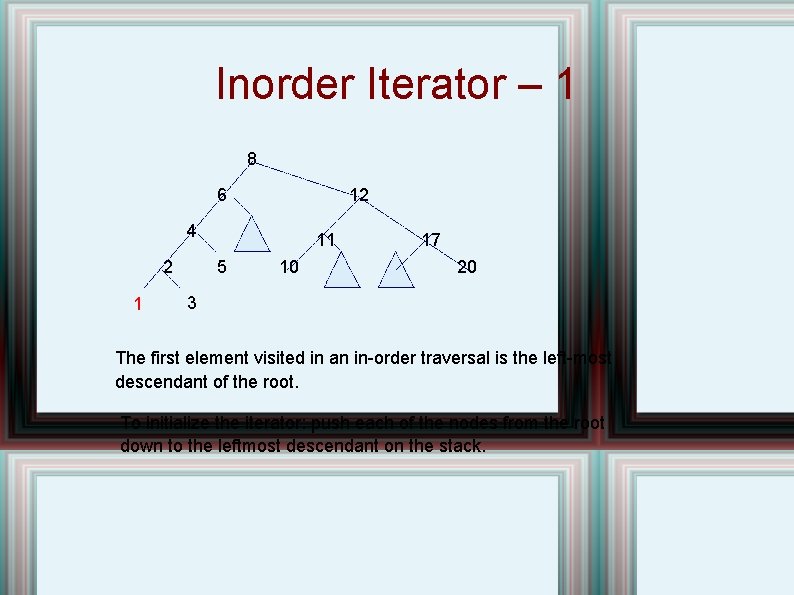 Inorder Iterator – 1 8 6 12 4 2 1 11 5 10 17
