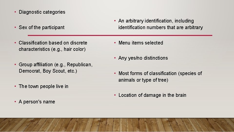  • Diagnostic categories • Sex of the participant • Classification based on discrete