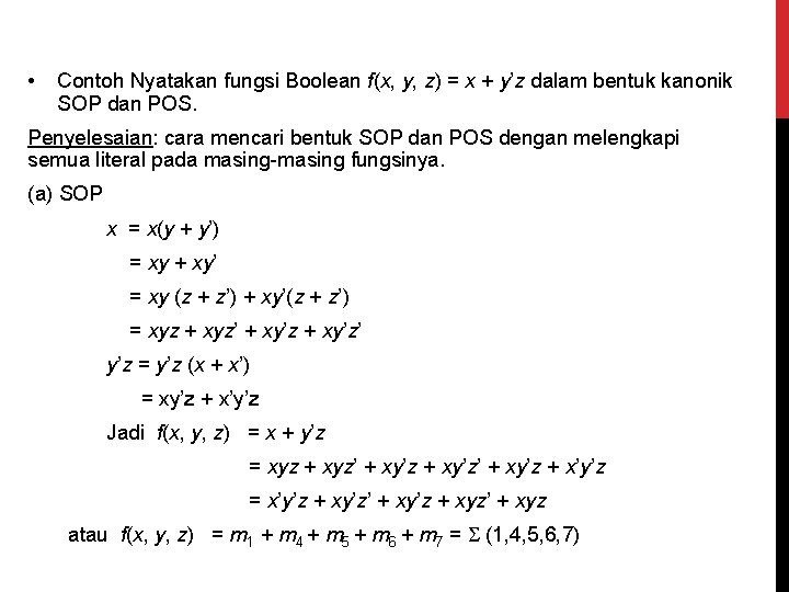  • Contoh Nyatakan fungsi Boolean f(x, y, z) = x + y’z dalam