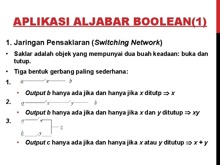 APLIKASI ALJABAR BOOLEAN(1) 1. Jaringan Pensaklaran (Switching Network) • Saklar adalah objek yang mempunyai