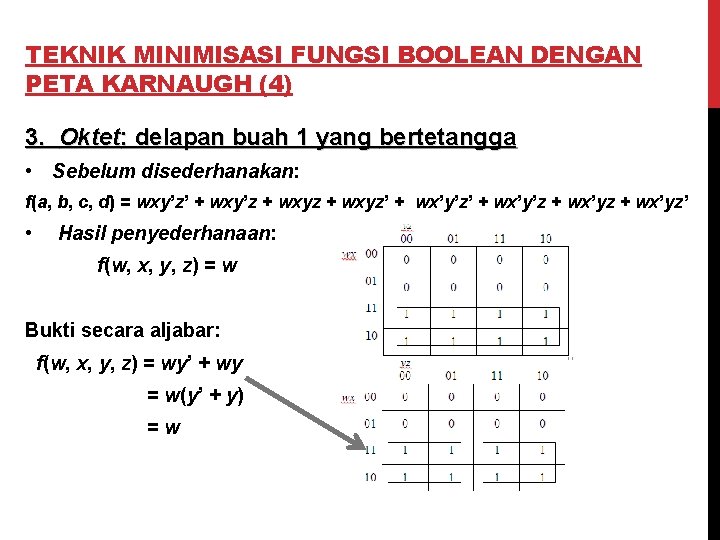 TEKNIK MINIMISASI FUNGSI BOOLEAN DENGAN PETA KARNAUGH (4) 3. Oktet: delapan buah 1 yang