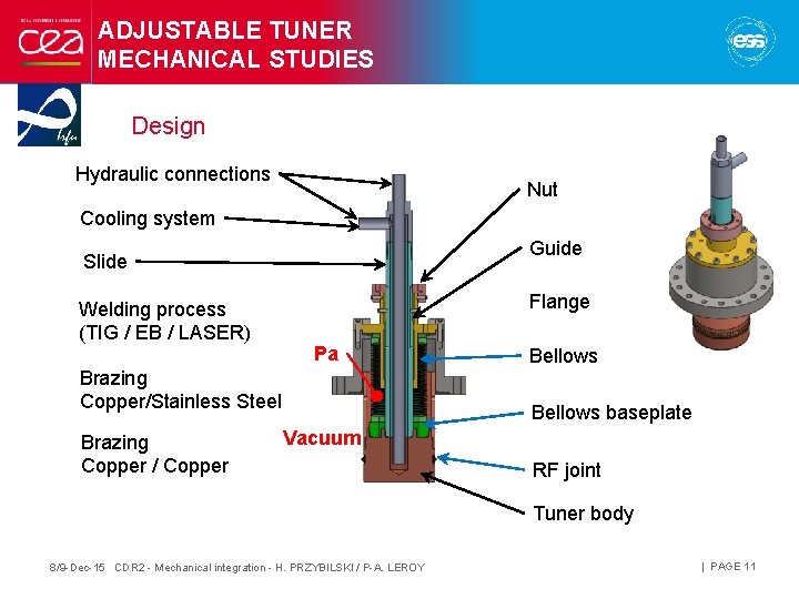 ADJUSTABLE TUNER MECHANICAL STUDIES Design Hydraulic connections Nut Cooling system Guide Slide Welding process